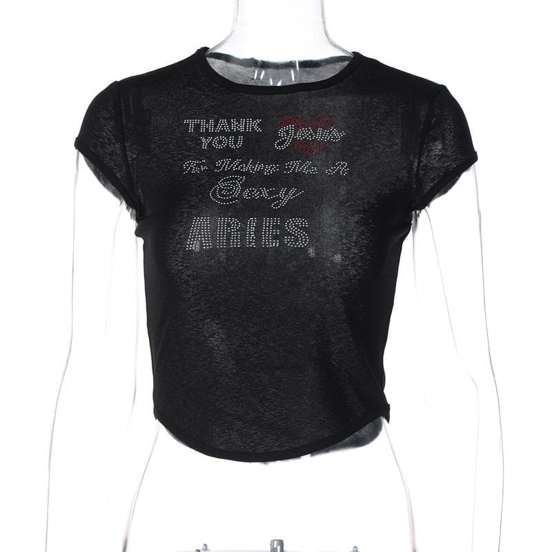 Cap sleeve crewneck letter pattern beaded crop top
