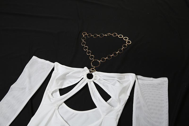 Halter o ring hollow out gloves metal chain mesh maxi dress