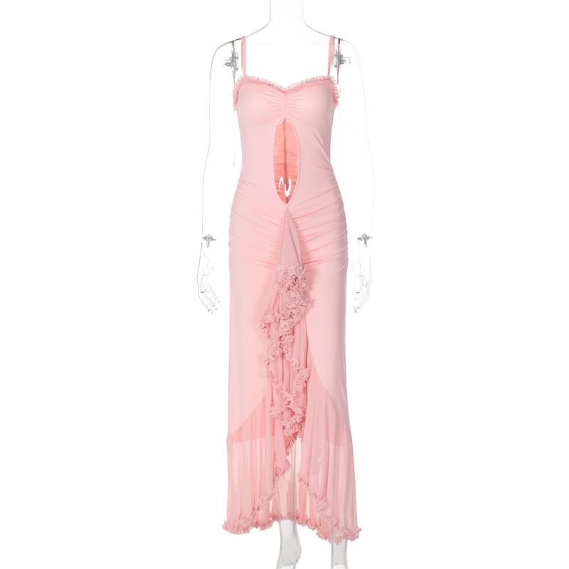 Ruffle high slit ruched hollow out cami maxi dress