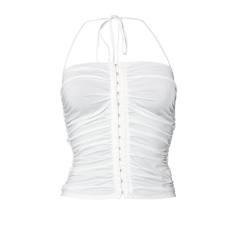 Button ruched solid halter backless crop top