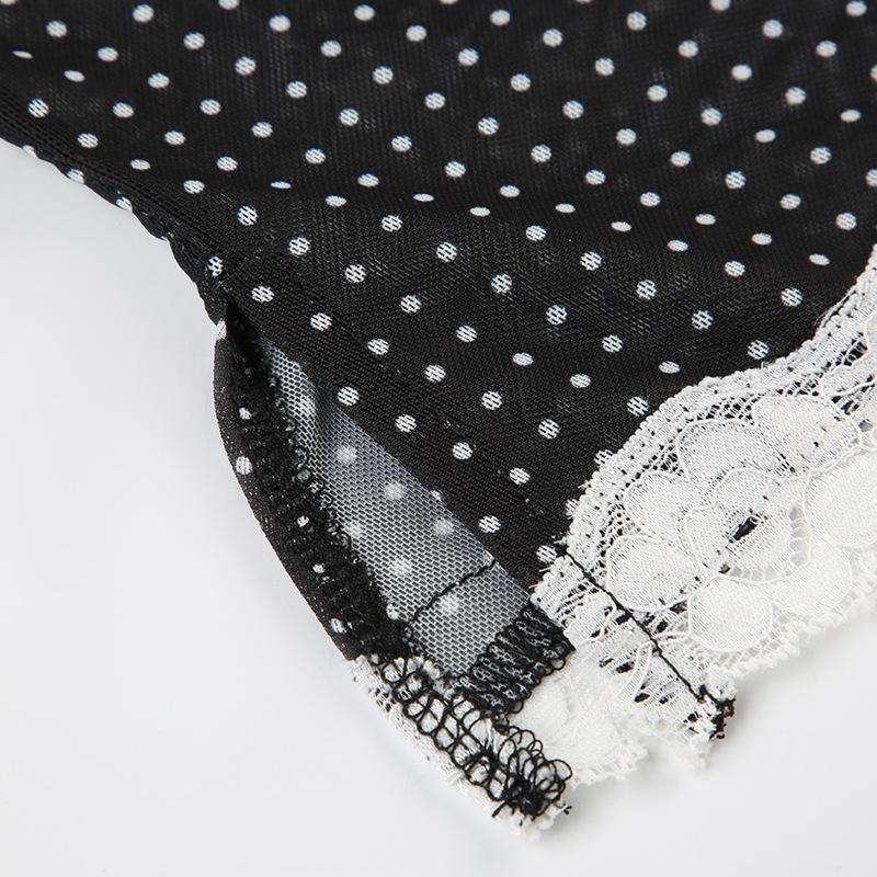 Polka dot lace hem mesh see through cami top