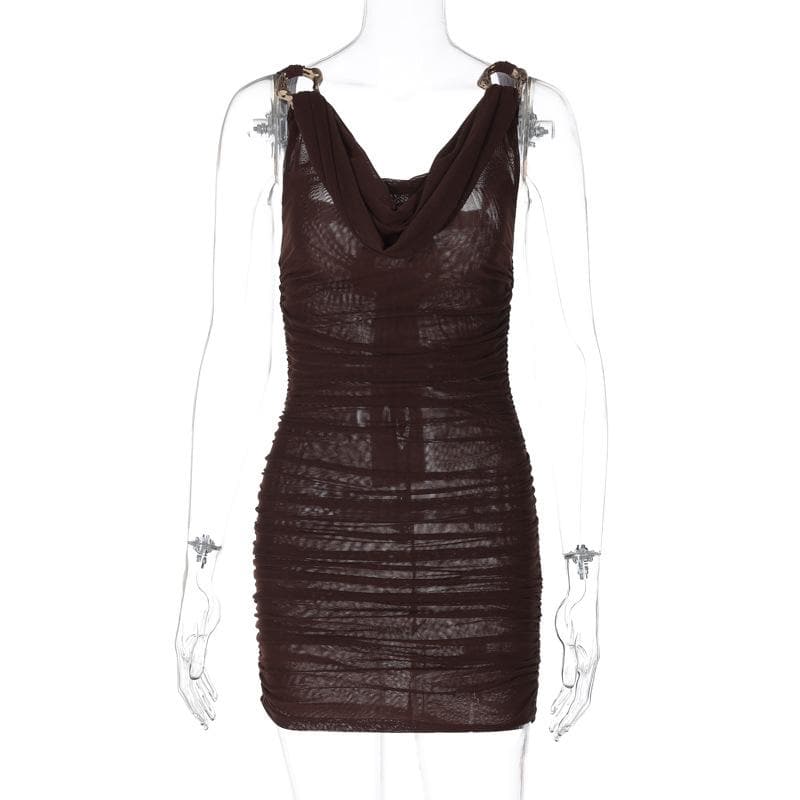 Cowl neck ruched o ring sheer mesh bowknot ribbon backless cami mini dress  | samba dress