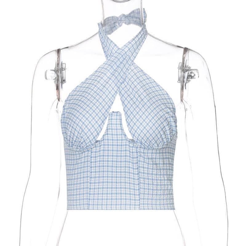 Sleeveless backless halter hollow out plaid cut out top