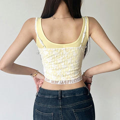Lace bowknot hollow out u neck 2 piece tank top
