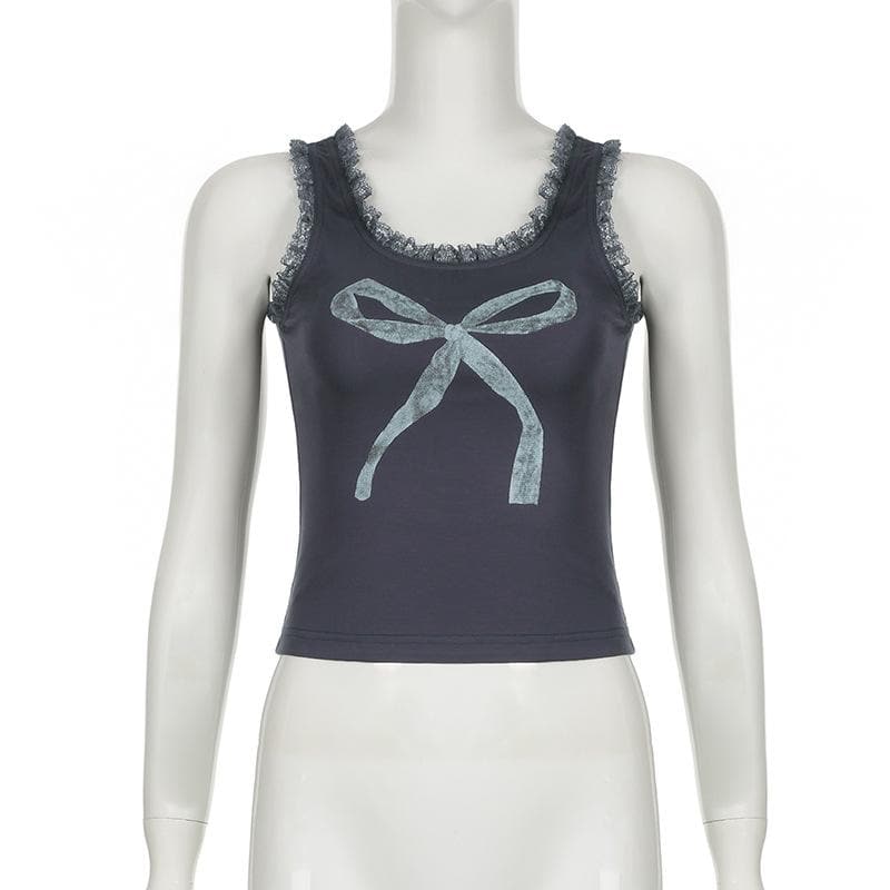 U neck lace hem bowknot pattern contrast tank top