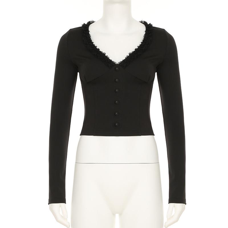 Long sleeve v neck ruffle button top