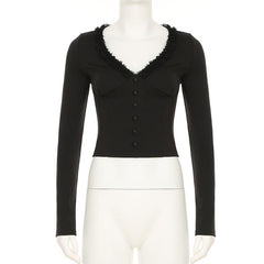 Long sleeve v neck ruffle button top