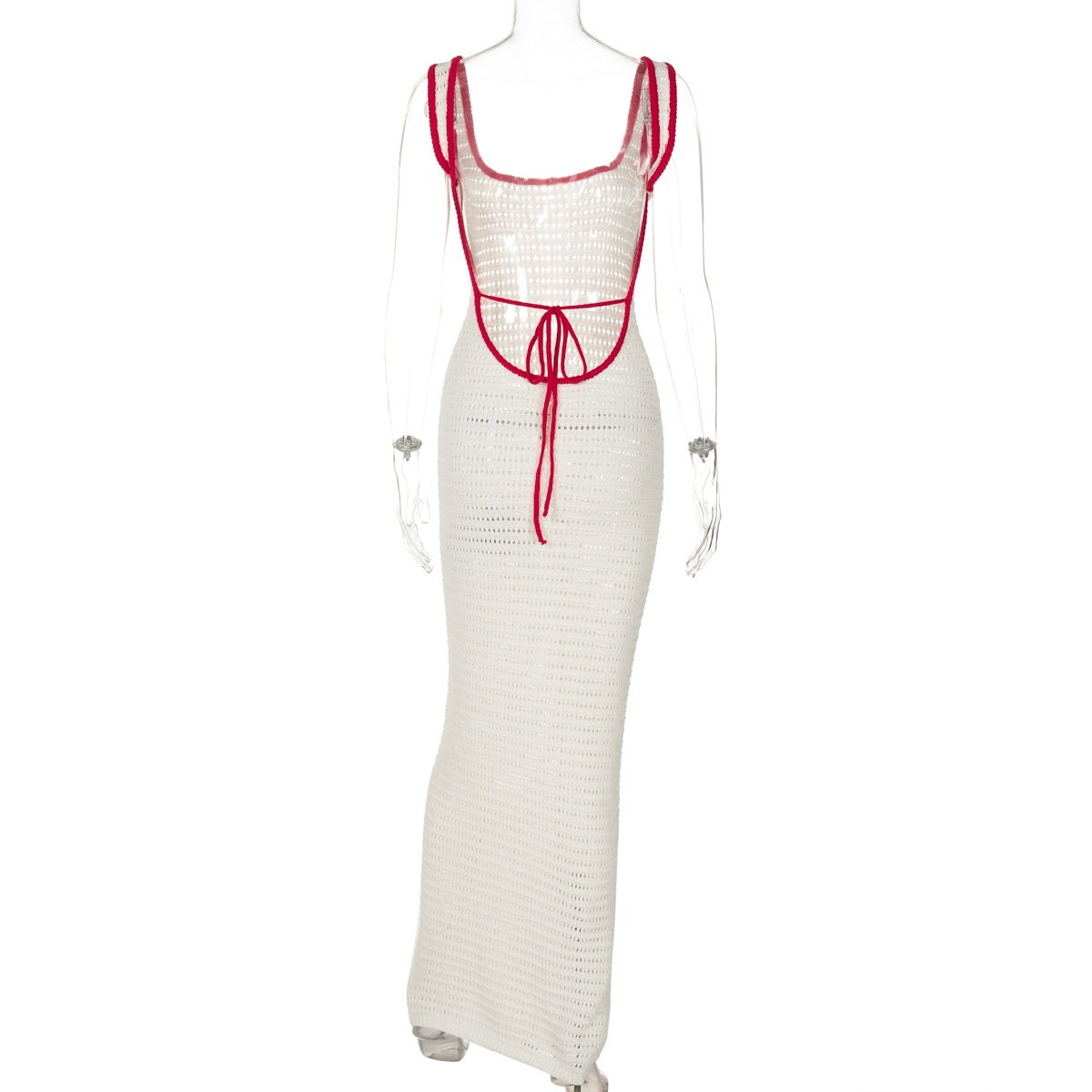 U neck backless knitted self tie cami maxi dress