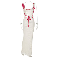 U neck backless knitted self tie cami maxi dress