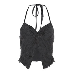 Halter self tie v neck textured knotted slit crop top
