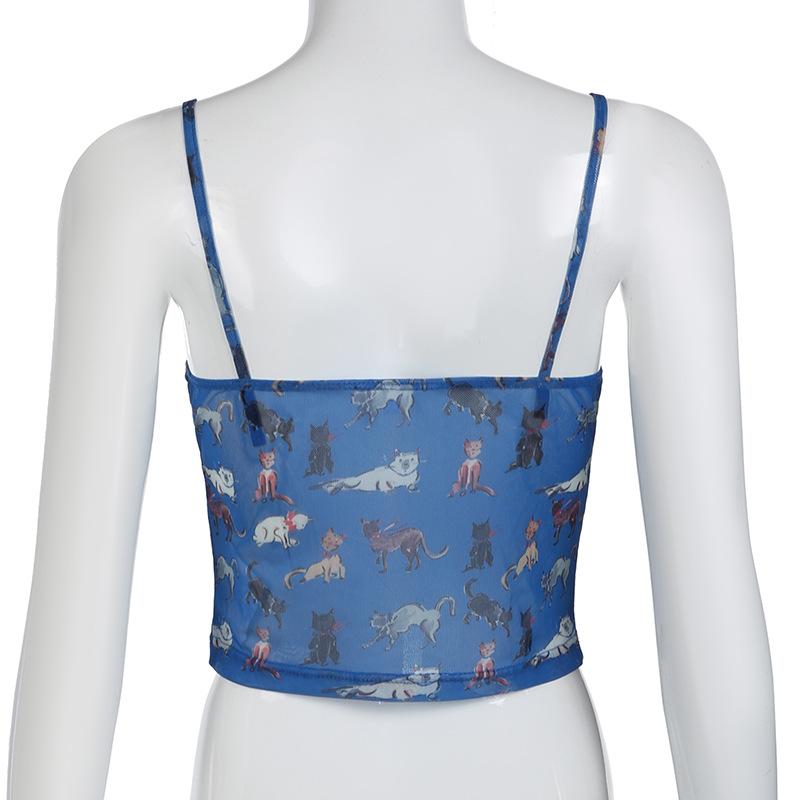 Lace hem print backless cami top