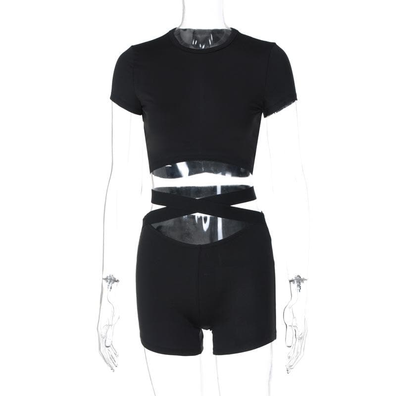 Short sleeve crewneck hollow out backless pant set