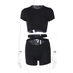 Short sleeve crewneck hollow out backless pant set