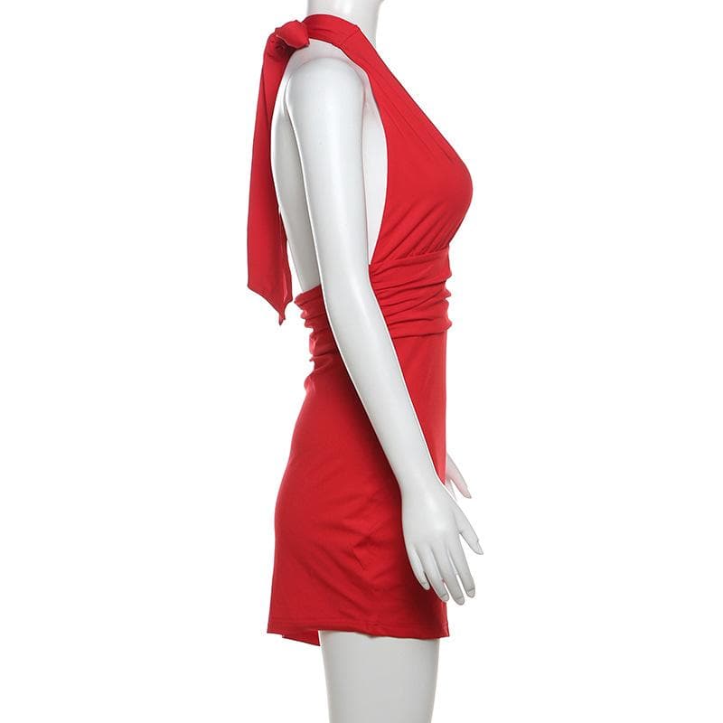 Halter deep v neck ruched backless mini dress  | red tango dress