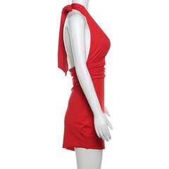 Halter deep v neck ruched backless mini dress  | red tango dress