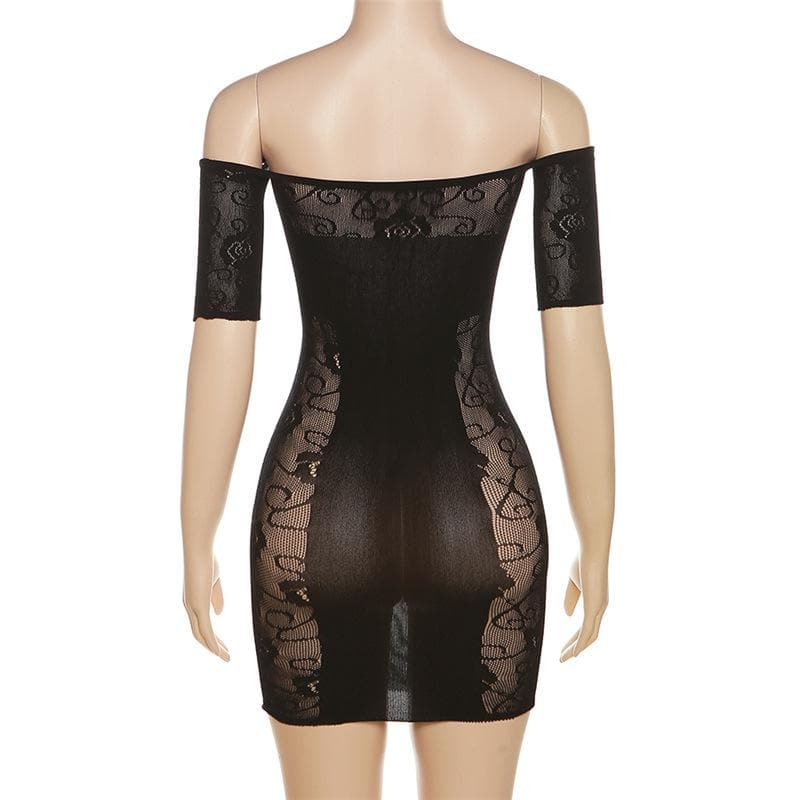 Short sleeve hollow out off shoulder fishnet cut out mini dress