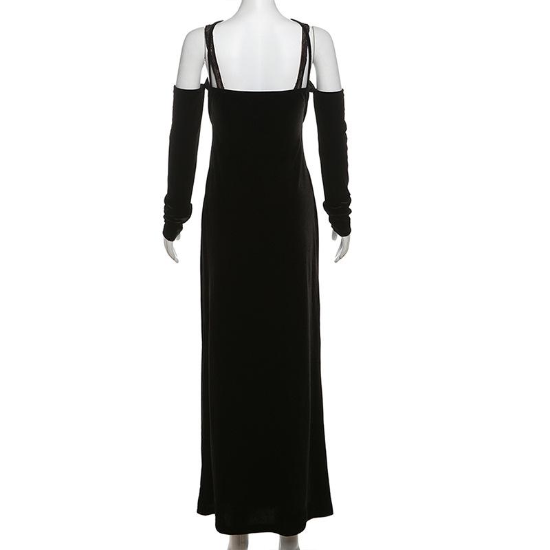 Off shoulder v neck velvet lace hem cami maxi dress