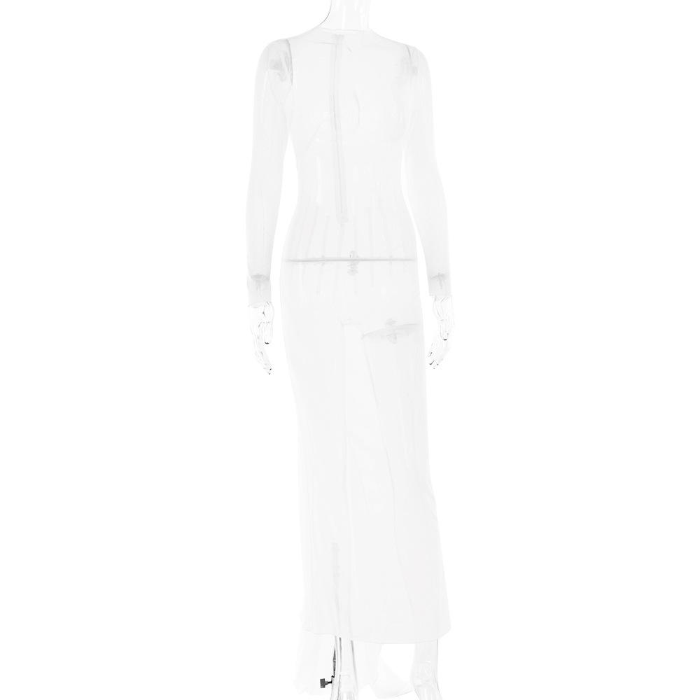 Long sleeve sheer mesh zip-up stitch maxi dress  | samba dress