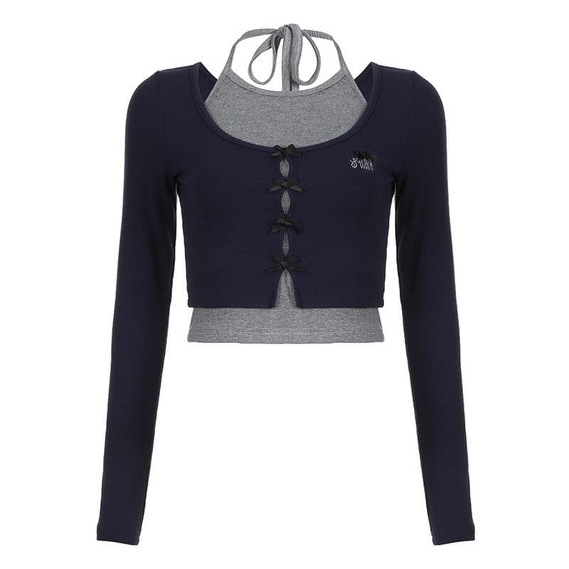 Bowknot contrast patchwork long sleeve halter top