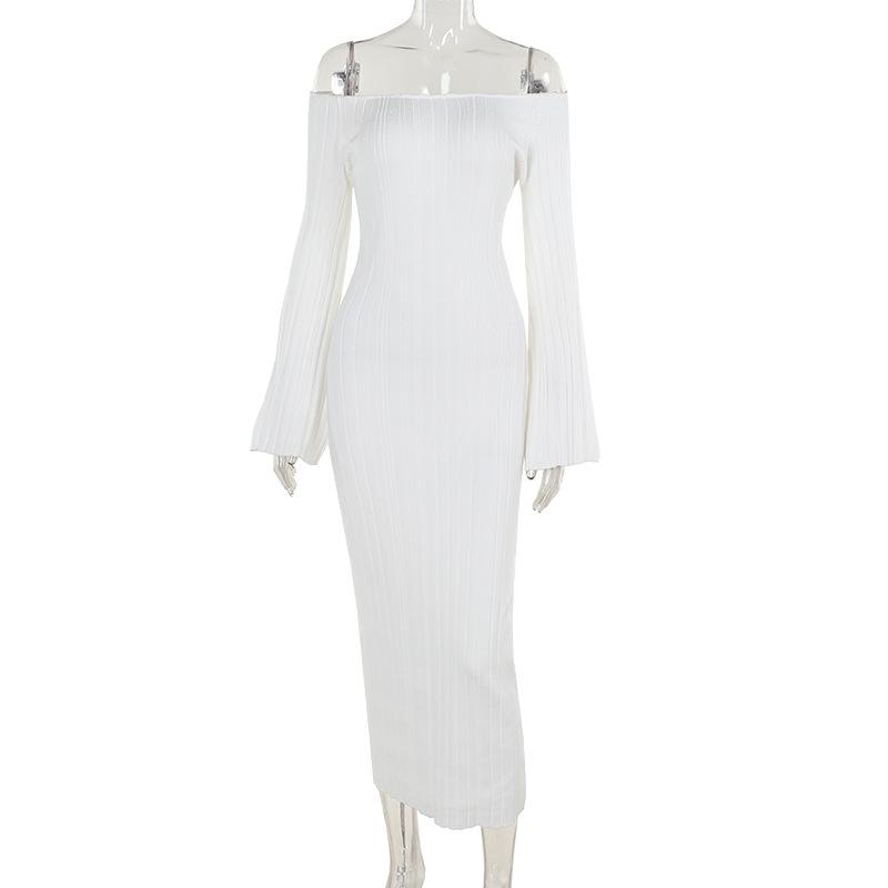 Off shoulder long sleeve knitted solid maxi dress