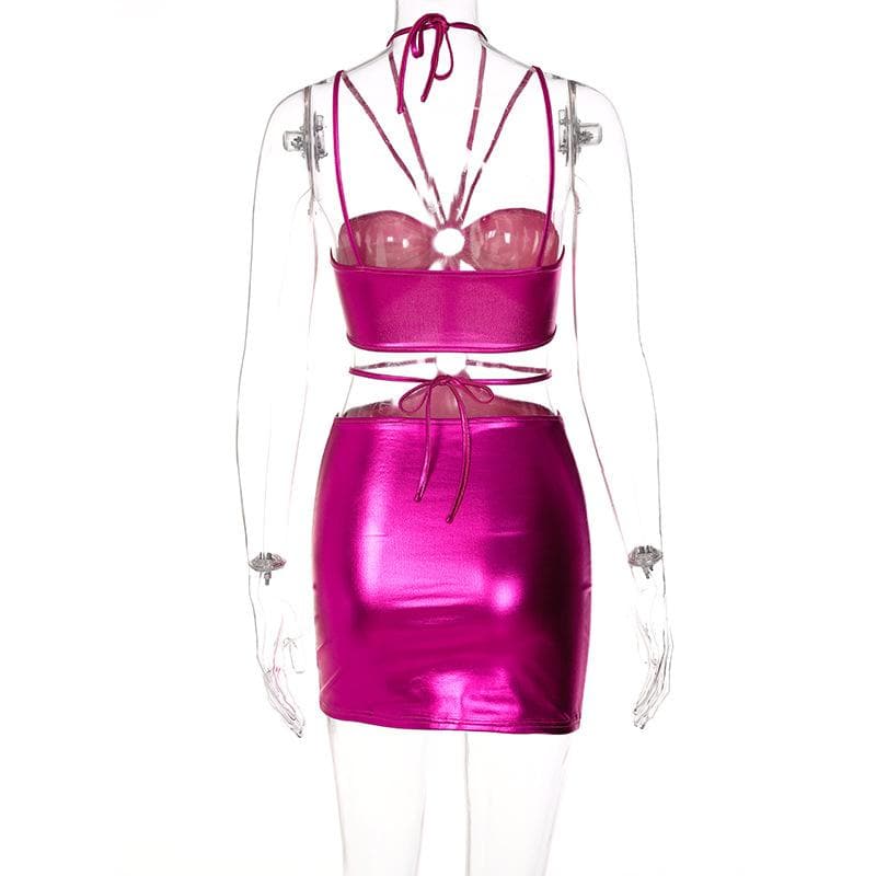 Metallic o ring halter self tie backless hollow out mini dress  | red tango dress
