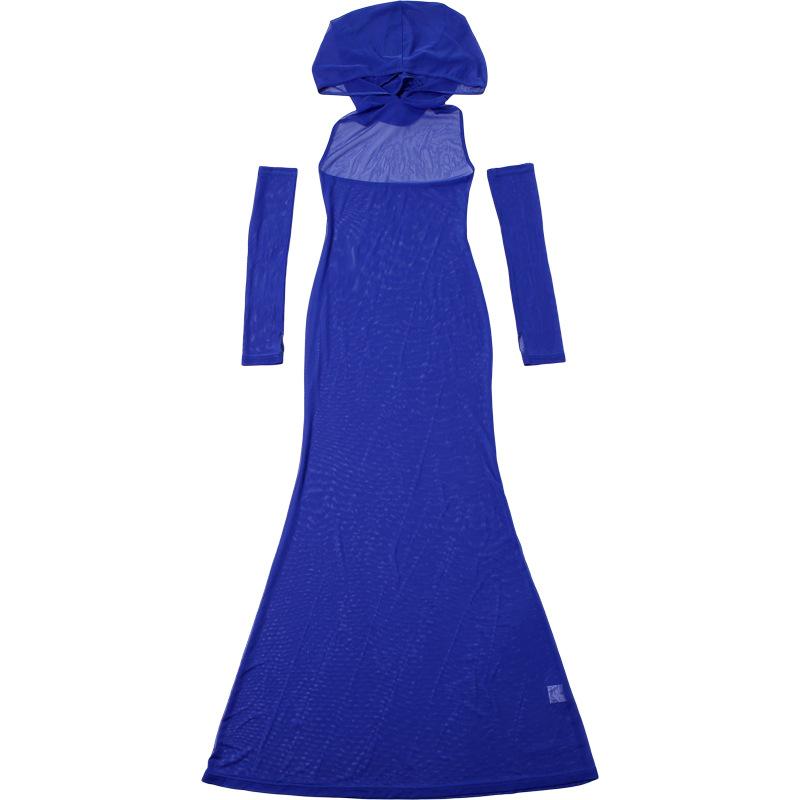Hoodie gloves mesh see through backless maxi dress