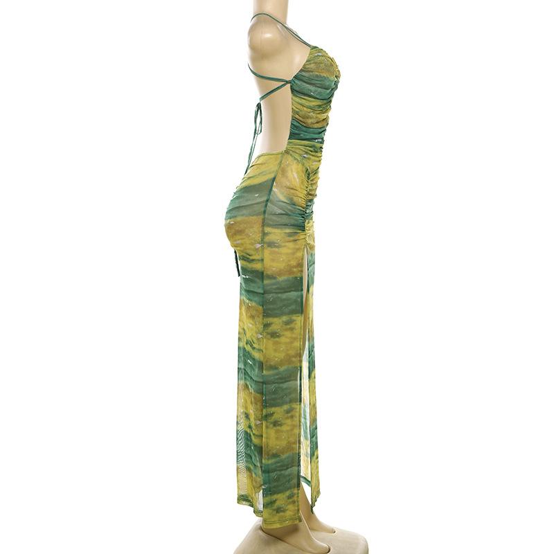 Sheer mesh contrast high slit ruched knotted cami maxi dress  | samba dress