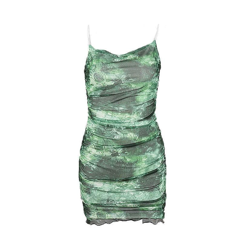 Sheer mesh tie dye print spaghetti strap cowl neck cami dress  | samba dress