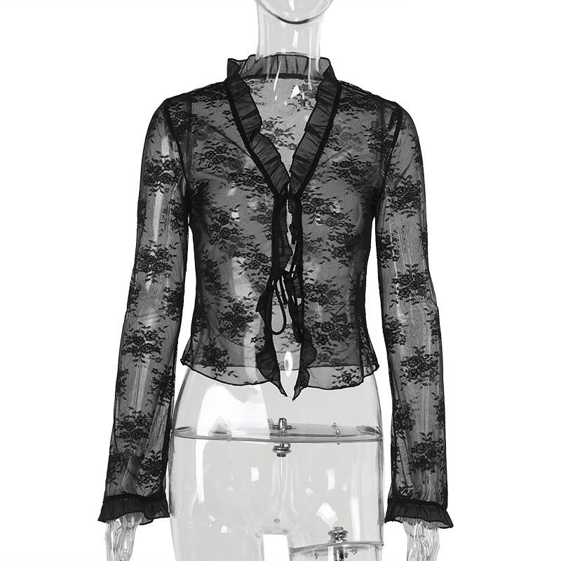Long sleeve v neck lace self tie top