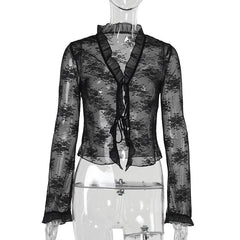 Long sleeve v neck lace self tie top