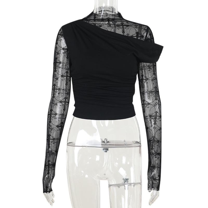 Long sleeve cross pattern mesh patchwork top