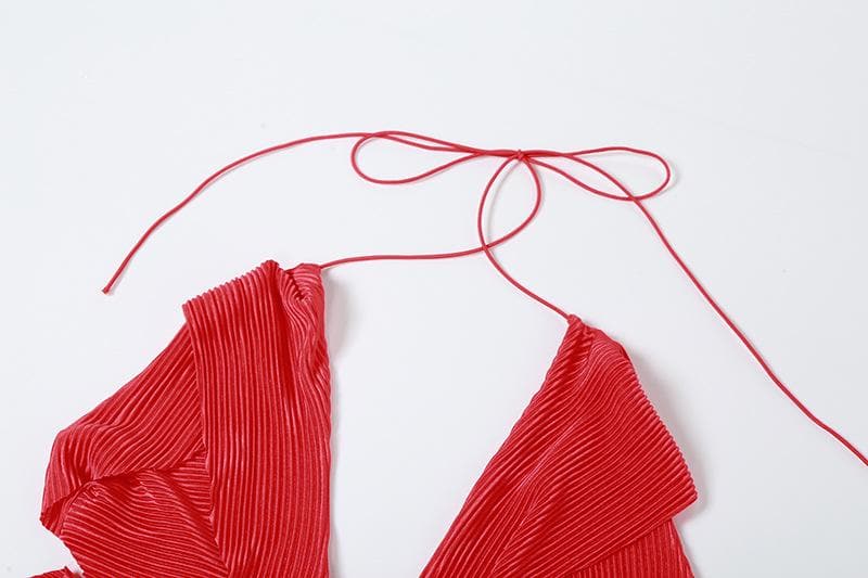 Textured gloves ruffle solid hollow out halter backless mini dress  | red tango dress