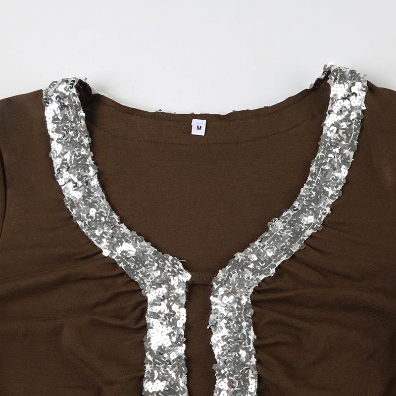 Long sleeve glitter hollow out top