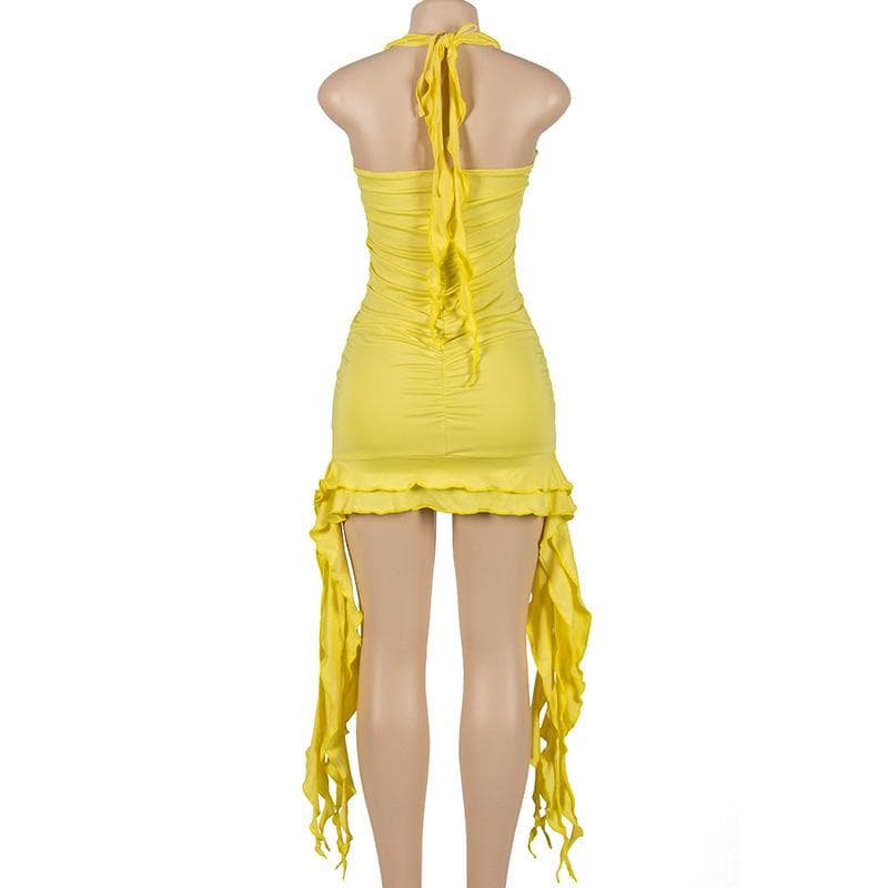 Self tie halter ruffle ruched v neck ribbon backless mini dress  | red tango dress