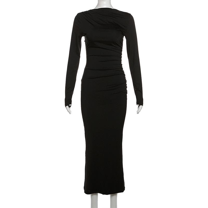 Ruched solid long sleeve zip-up maxi dress  | red tango dress