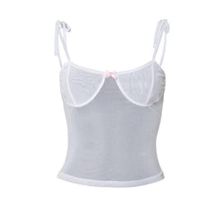 Sheer mesh see through bowknot self tie cami top