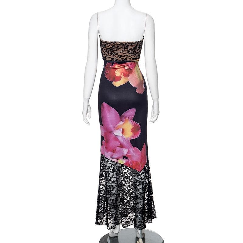 Lace flower print patchwork backless tube maxi dress