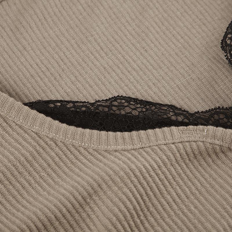 Long sleeve lace hem patchwork button top
