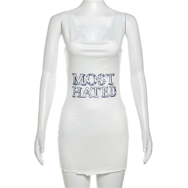 Letter print contrast cowl neck sleeveless metal chain mini dress