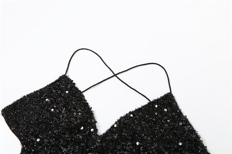 Textured ruched v neck glitter cross back solid mini dress  | black rave dress  | black rave dress