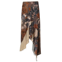 Flower print mesh patchwork ruffle maxi skirt