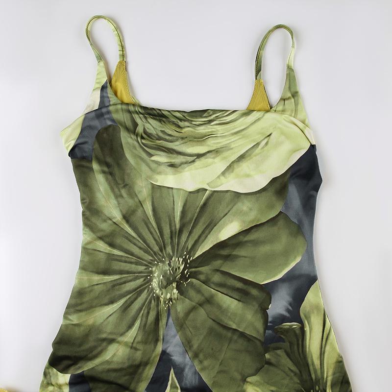 U neck flower print mesh cami maxi dress