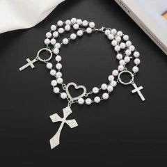 O ring faux pearl layered cross pendant choker necklace