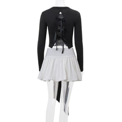 Long sleeve crewneck bowknot lace up ribbon ruched mini skirt set