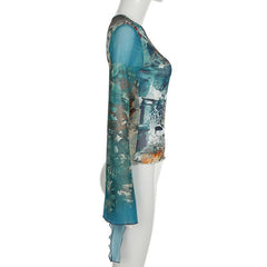 Crewneck long sleeve abstract mesh ruffle top