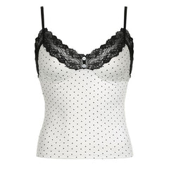 V neck lace hem polka dot button cami top