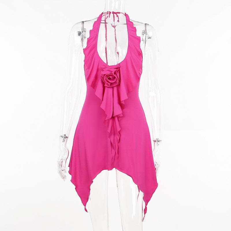 Halter flower applique backless ruffle u neck solid mini dress  | red tango dress