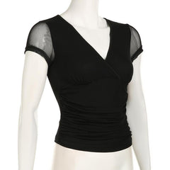 Short sleeve v neck mesh ruched solid top