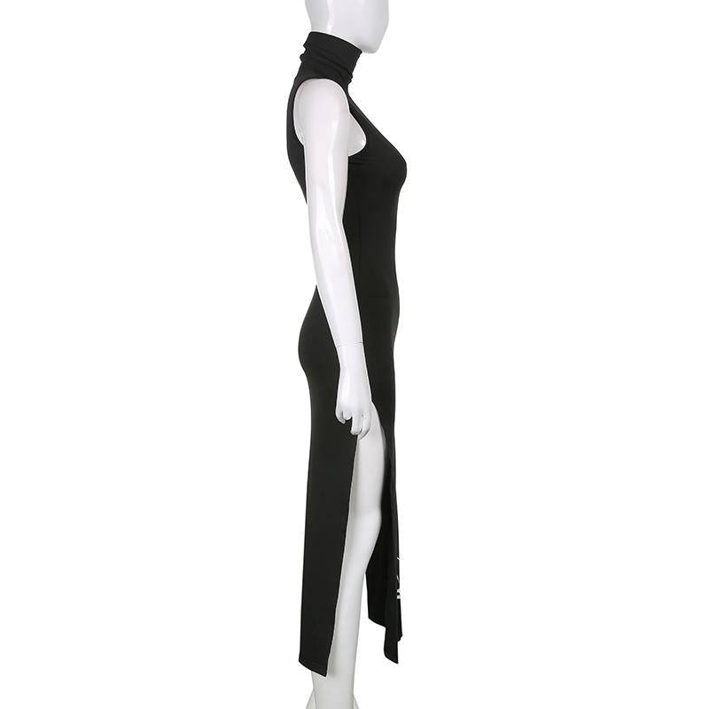 High neck slit print maxi dress