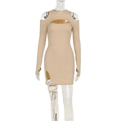 Long sleeve off shoulder knitted hollow out self tie mini dress
